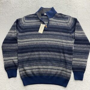 Bullock & Jones Mens Blue Striped 100% Extrafine Virgin Wool Quarter Sweater M